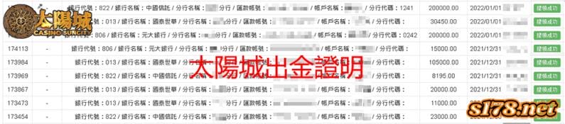 太陽城娛樂城出金紀錄證明圖