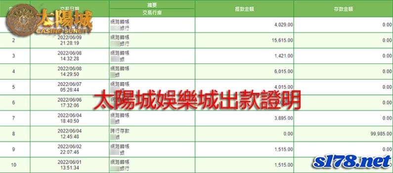 太陽城娛樂城出金紀錄證明圖
